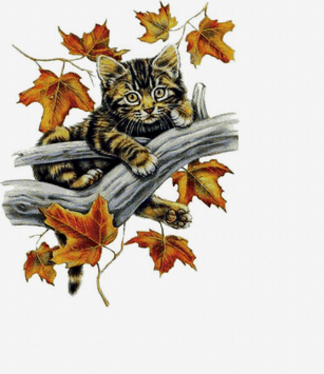 Иллюстрация кот в листве