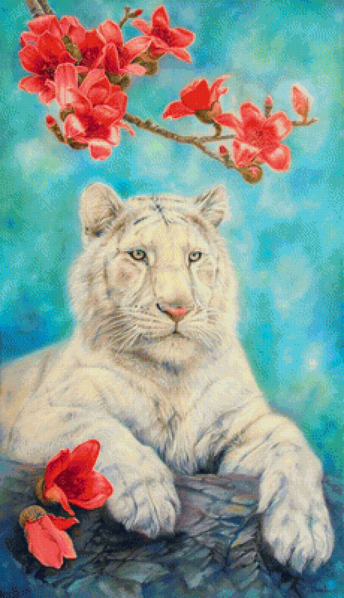 Белый тигр - цветы, рисунок, тигр, животные - предпросмотр