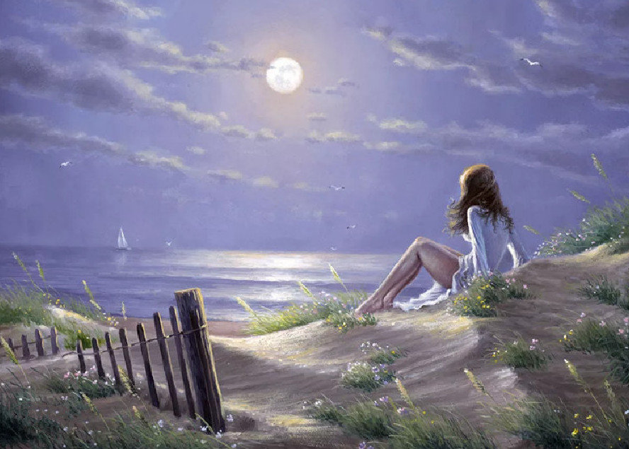 Мечты в лунную ночь - ночь, луна, берег, девушка, море, парусник - оригинал