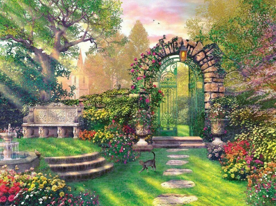 Цветущий сад - сад, пейзаж, лето, калитка, цветы, кот, котик, природа - оригинал