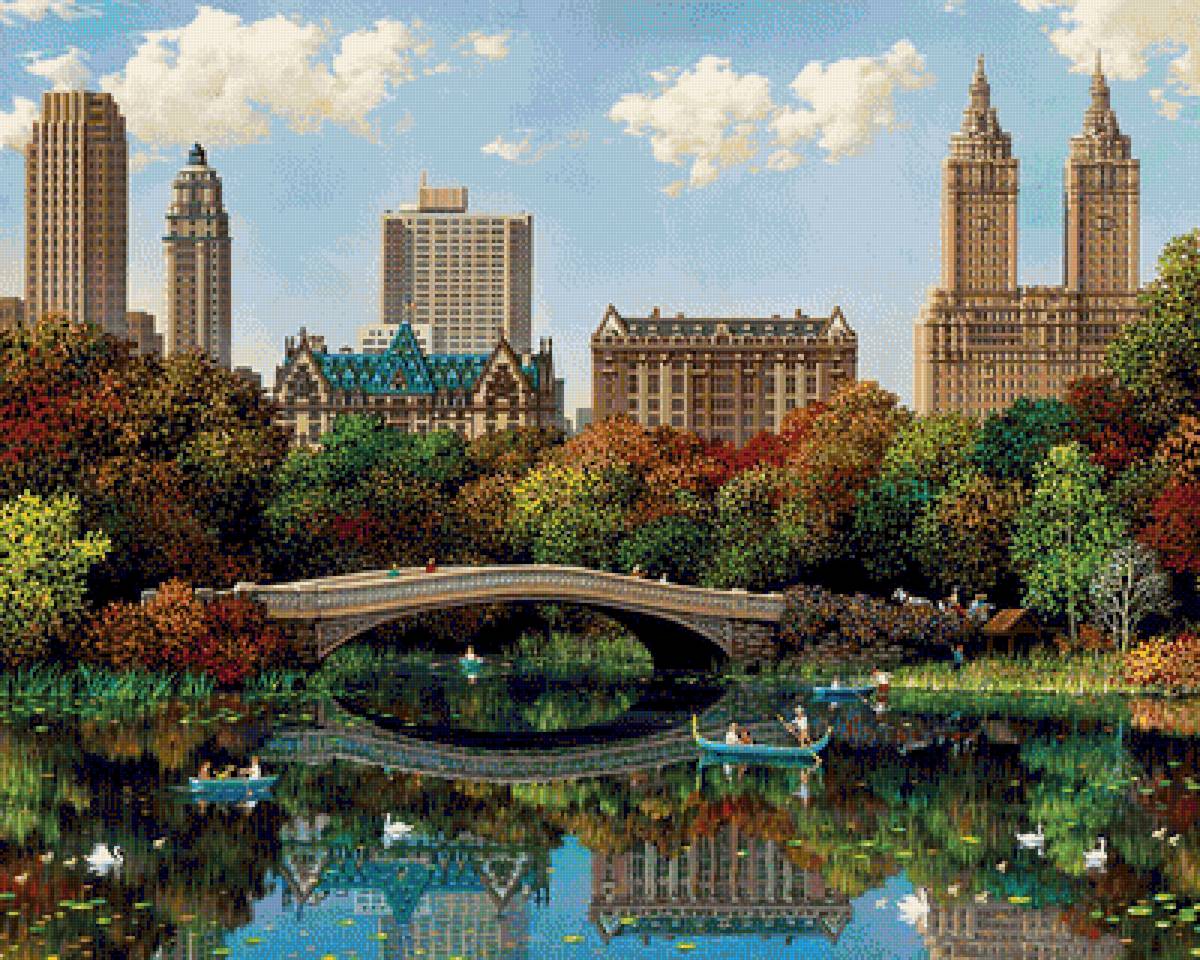 Городской парк - озеро, город, пейзаж, парк, дома, мост, лодка, природа, лето - предпросмотр