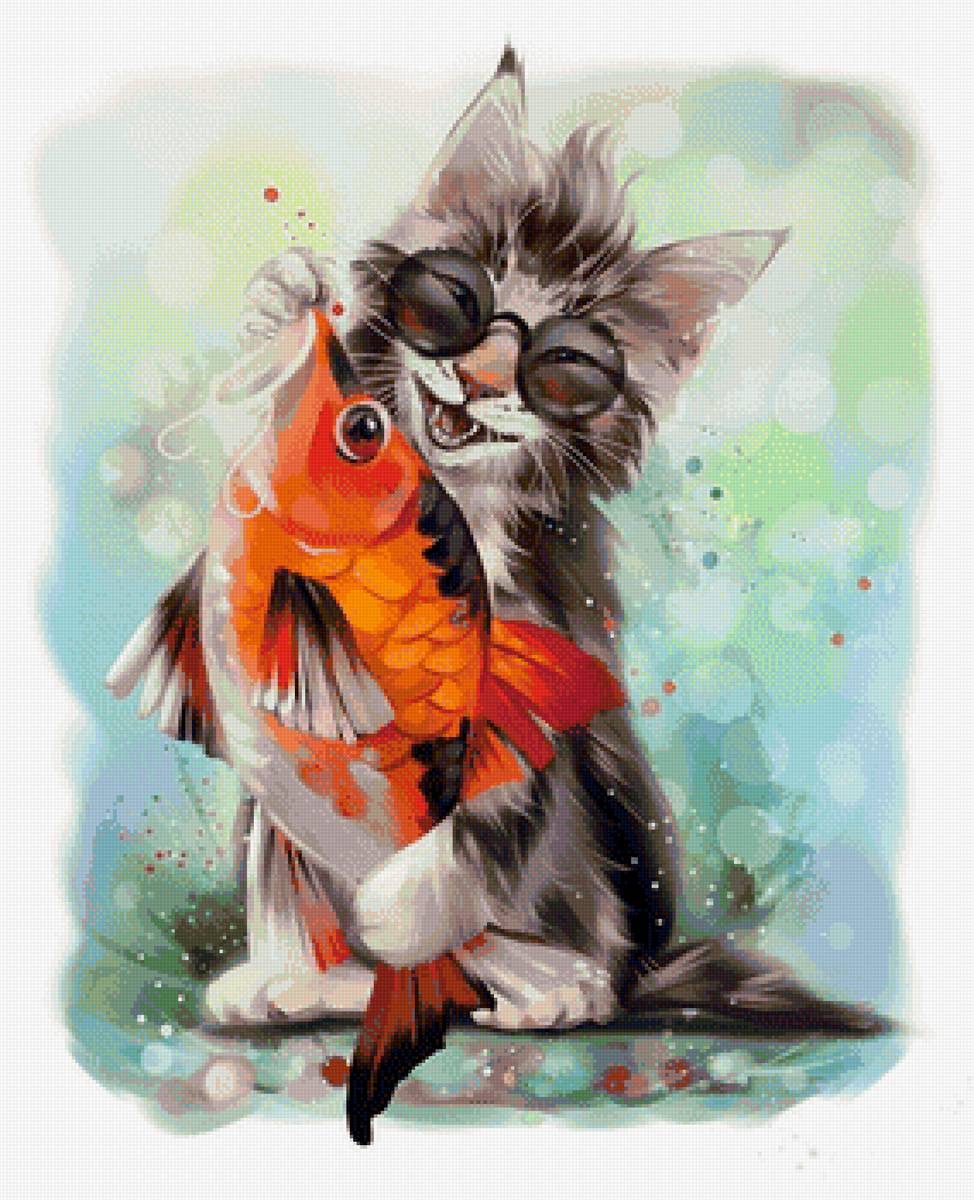 Кот с рыбкой - кот, рисунок, котик, рыбка, рыба, животные - предпросмотр