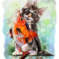 Оригинал схемы вышивки «Кот с рыбкой» (№1891439)