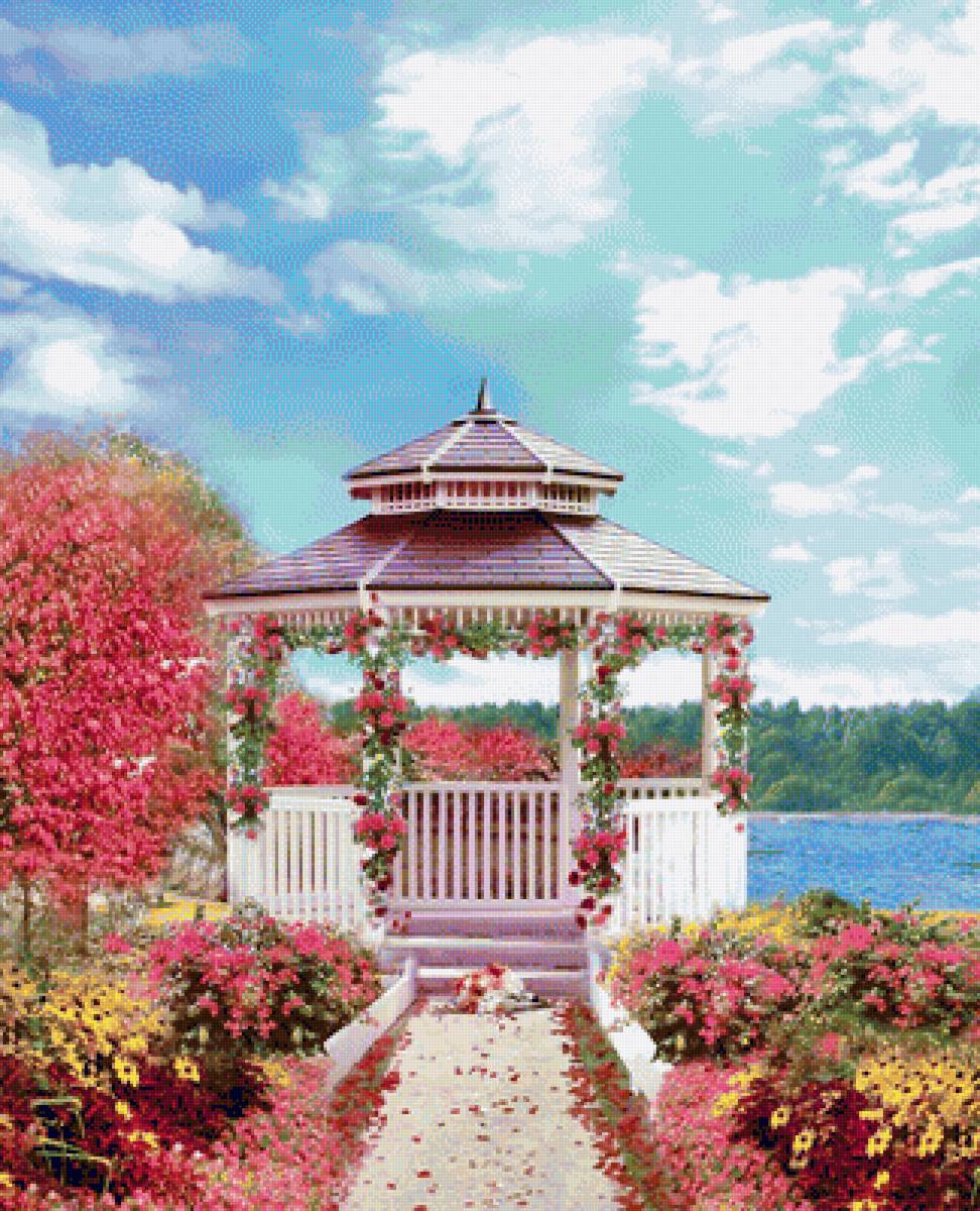 Беседка у озера - беседка, цветы, природа, пейзаж, озеро, лето - предпросмотр