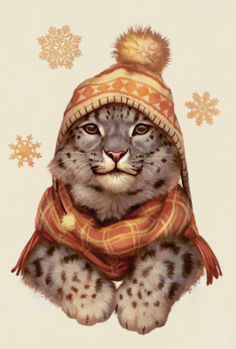 Ирбис в шапочке - снежинки, ирбис, леопард, животные, рисунок, снежный барс - предпросмотр