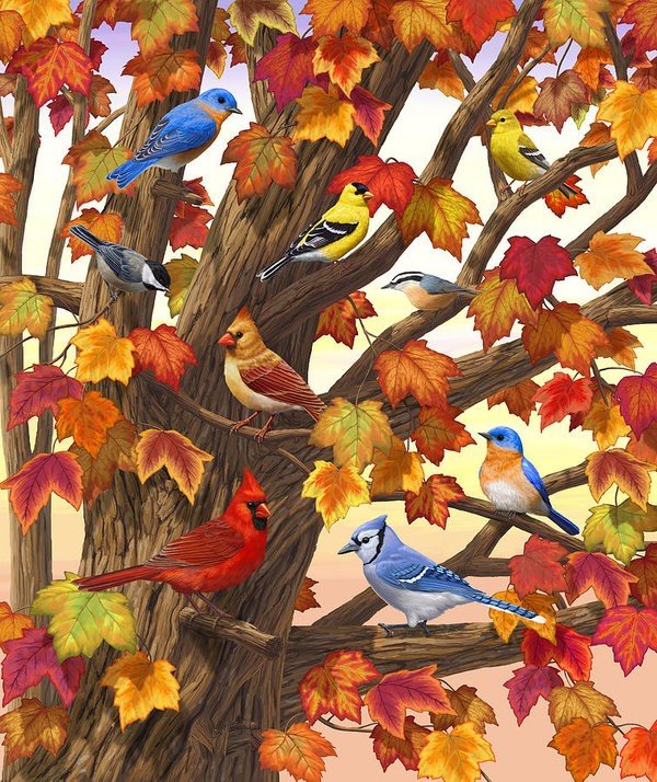 Птички - рисунок, осень, птицы, птички, дерево - оригинал