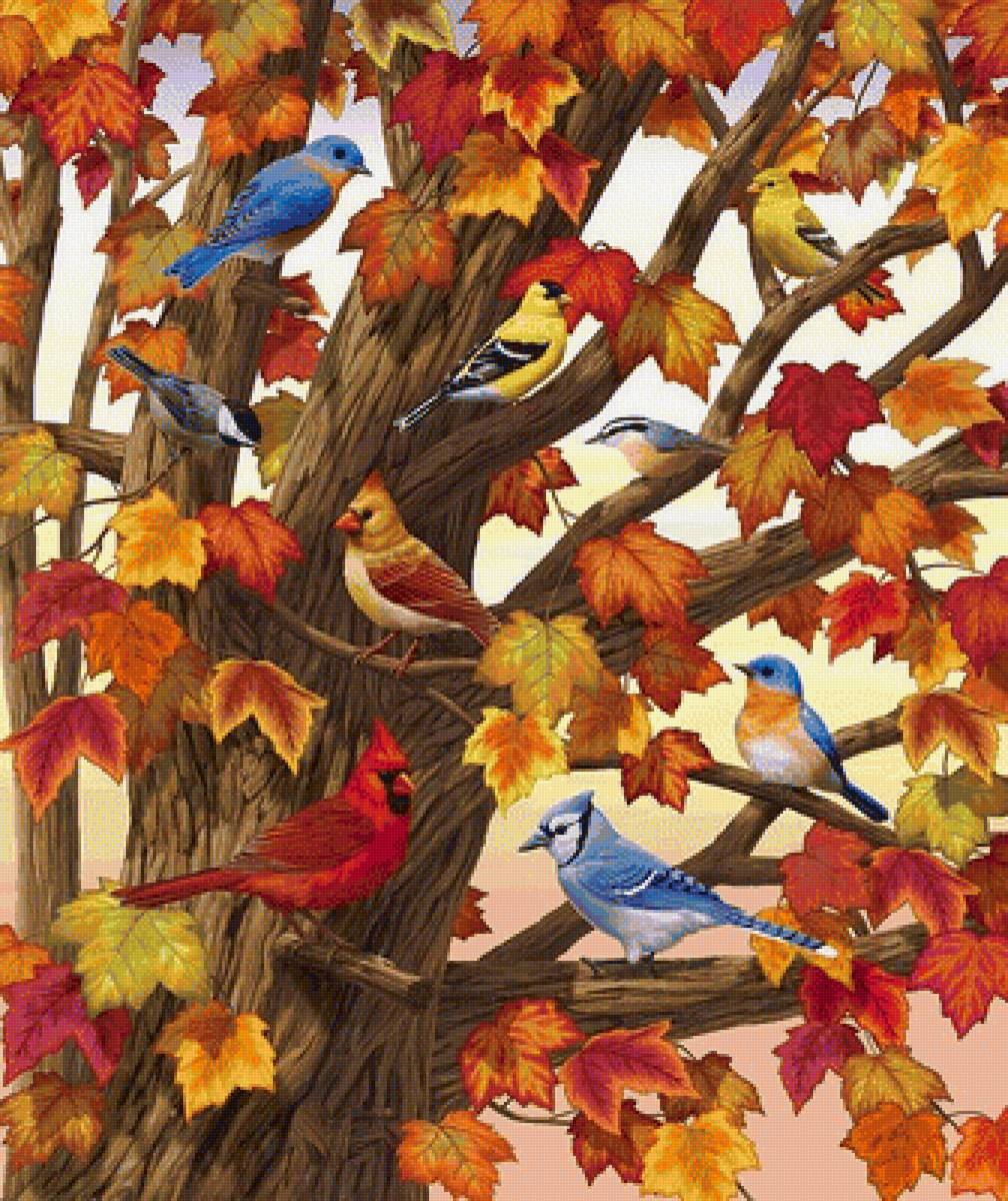 Птички - рисунок, птички, осень, дерево, птицы - предпросмотр