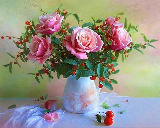 Розы - розы, букет, цветы, вишня, натюрморт - оригинал