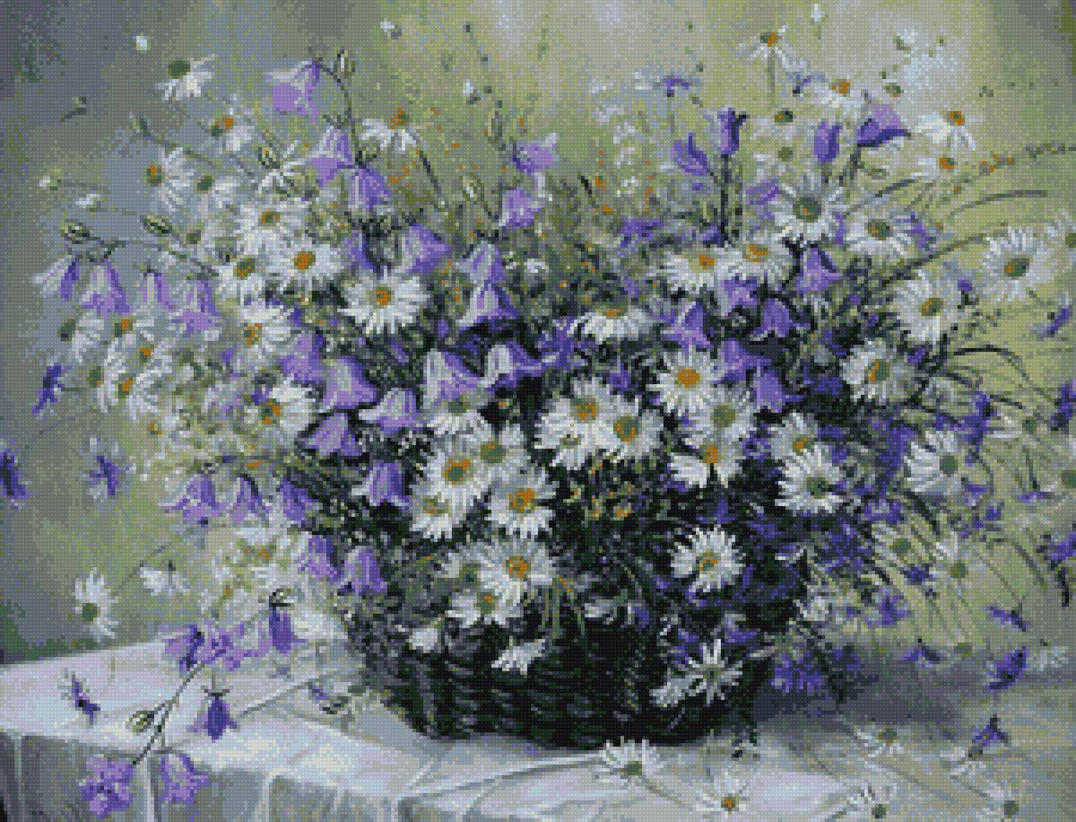 ромашки и колокольчики - ромашки, колокольчики, букет, корзина цветы - предпросмотр