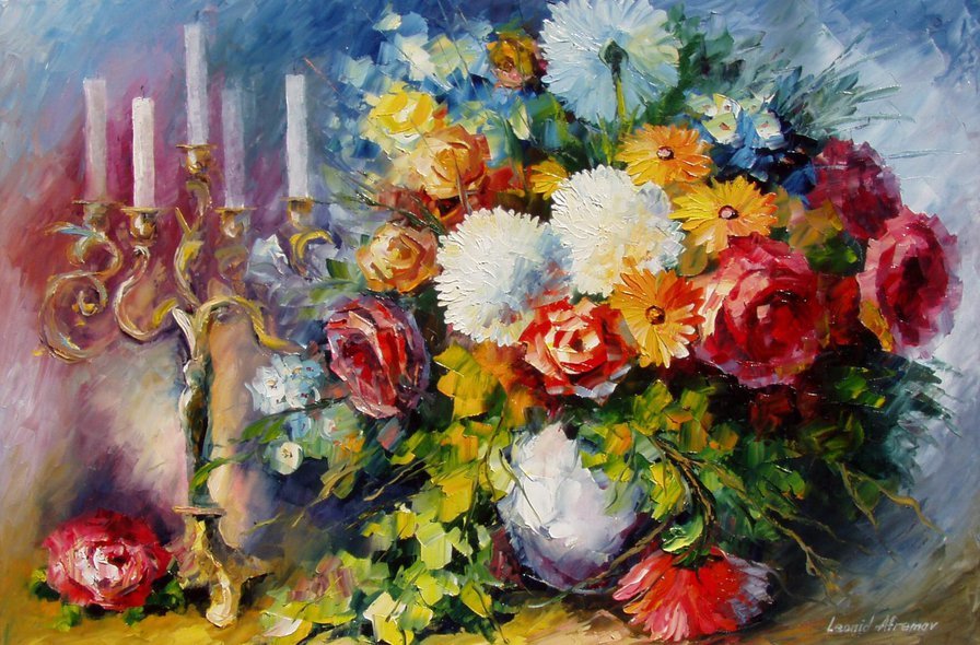 цветы и свечи - букет, свечи, натюрморт - оригинал