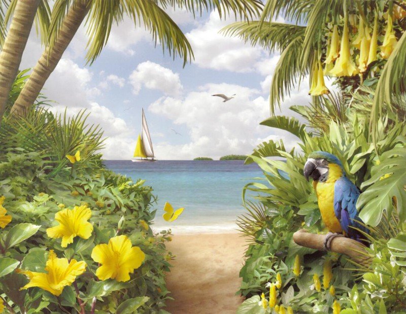 Морской пейзаж - песок, пальмы, попугай, море - оригинал