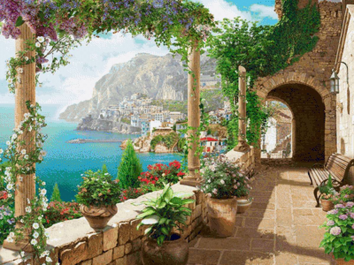 Город у моря - пейзаж, природа, город, горы, арка, лето, цветы, море - предпросмотр