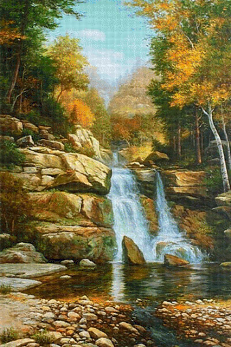 Водопад в горах 1 вариант - речка, водопад, горы, лес - предпросмотр