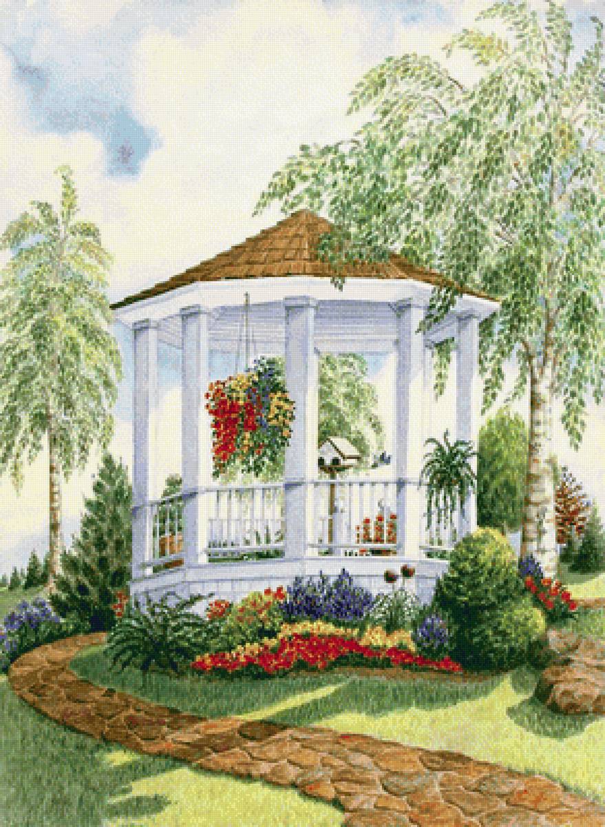 Беседка - пейзаж, лето, цветы - предпросмотр