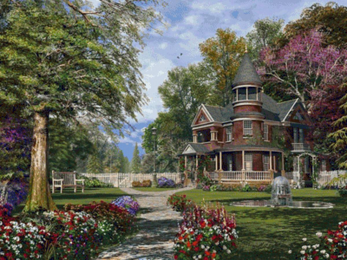 Усадьба - двор, цветы, усадьба, лето, дом, пейзаж, природа - предпросмотр