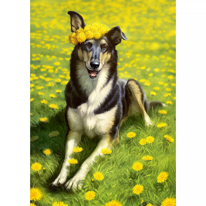 Пёс и одуванчики - животные, цветы, одуванчики, собака, рисунок, пес - оригинал