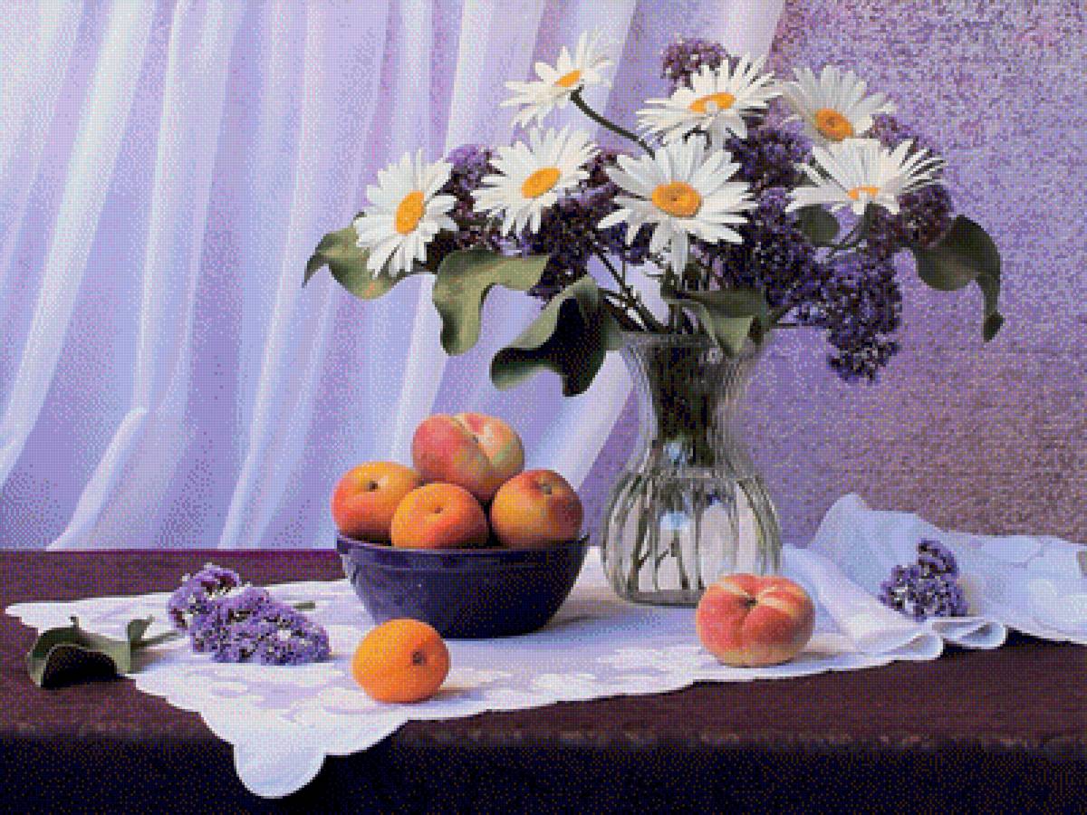 Натюрморт - ромашки, сирень, натюрморт, букет, фрукты, цветы - предпросмотр