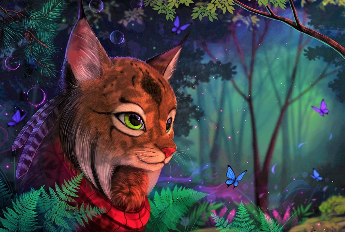 Кошечка - рысь, кошка, рисунок, лес, животные - оригинал