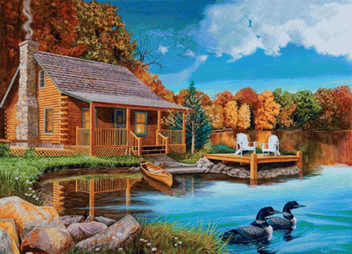 Дом у озера - осень, озеро, лодка, пейзаж, домик, дом, утки, природа - предпросмотр