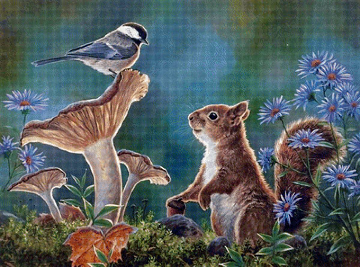 Лесные сплетницы / большая/ - птичка, лето, гриб, лес, белка - предпросмотр