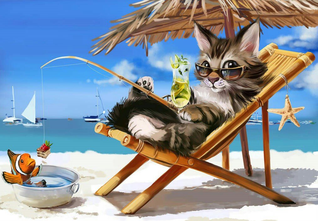На пляже - пляж, море, рисунок, кот, рыбка, лето - оригинал