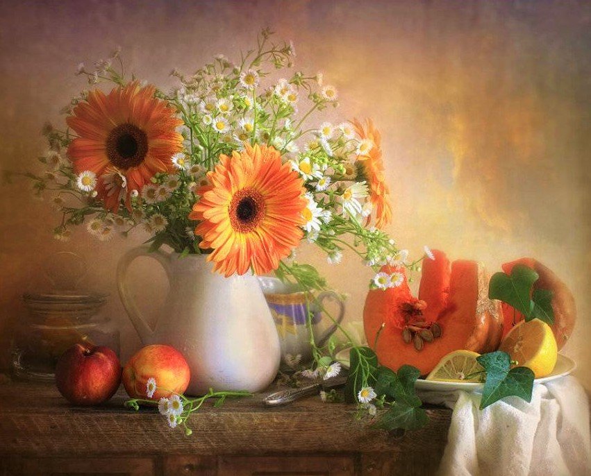 Натюрморт - тыква, ромашки, фрукты, цветы, лимон, букет, натюрморт - оригинал