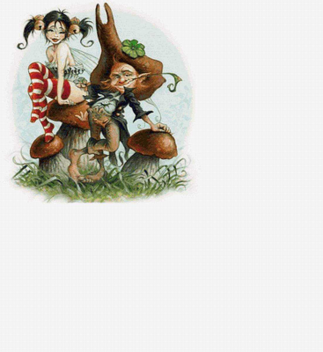 Пошалим? /размер 230 х 231 крест с хорошим качеством/ - сказка, девушка, гном, гриб - предпросмотр