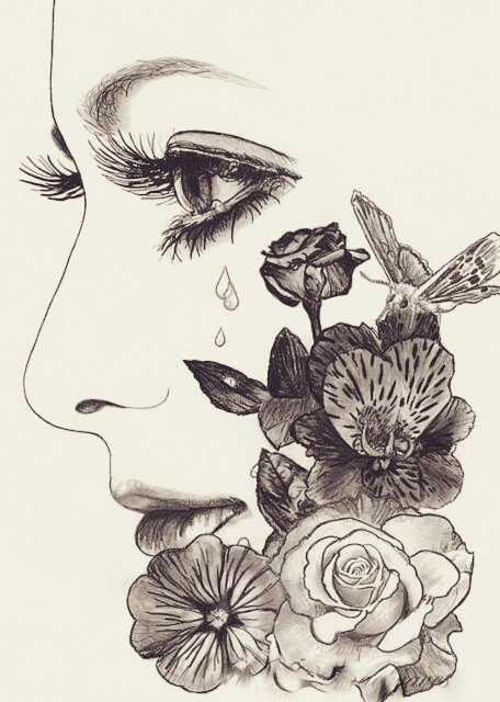 рисунок - слеза, лицо, цветы, портрет девушки - оригинал
