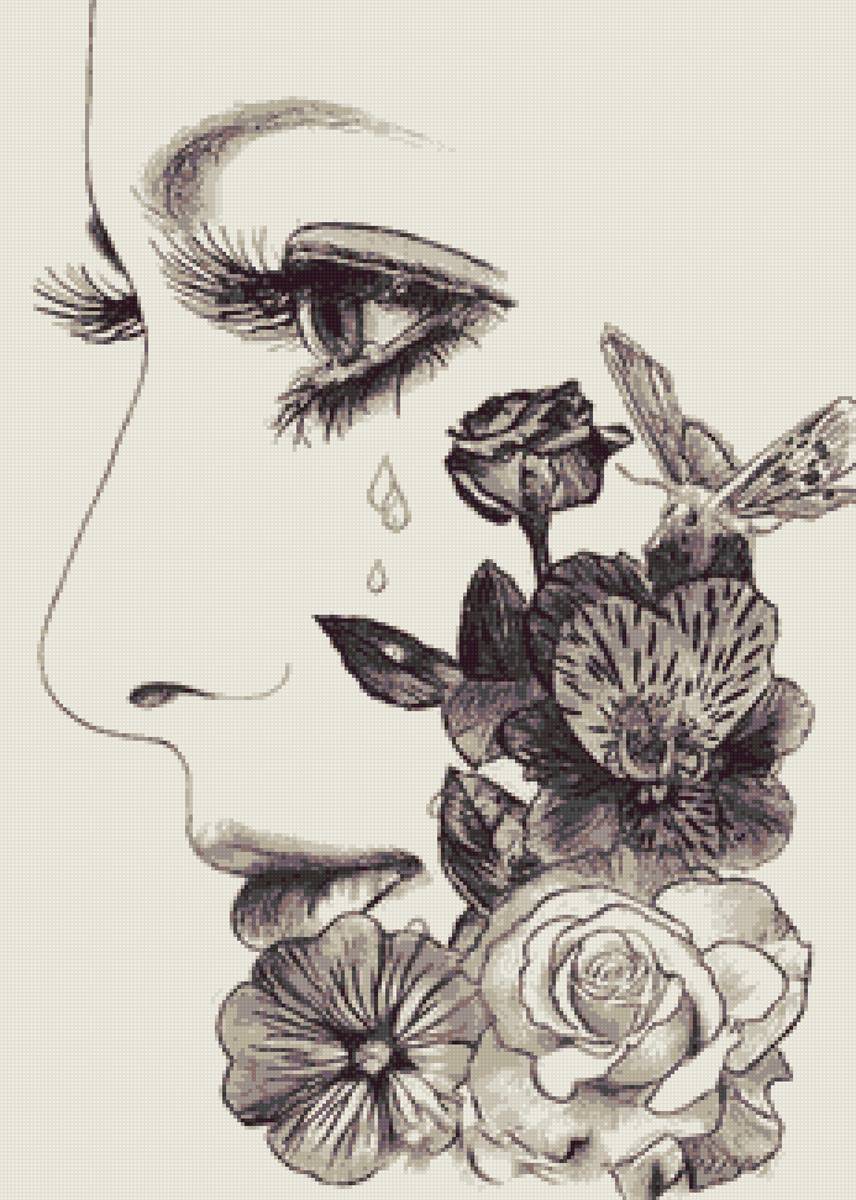 рисунок - слеза, портрет девушки, лицо, цветы - предпросмотр