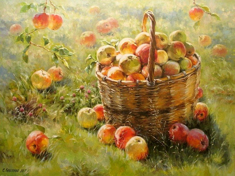 Корзина с яблоками. По картине С.Бессонова - сад, корзина, яблоки - оригинал
