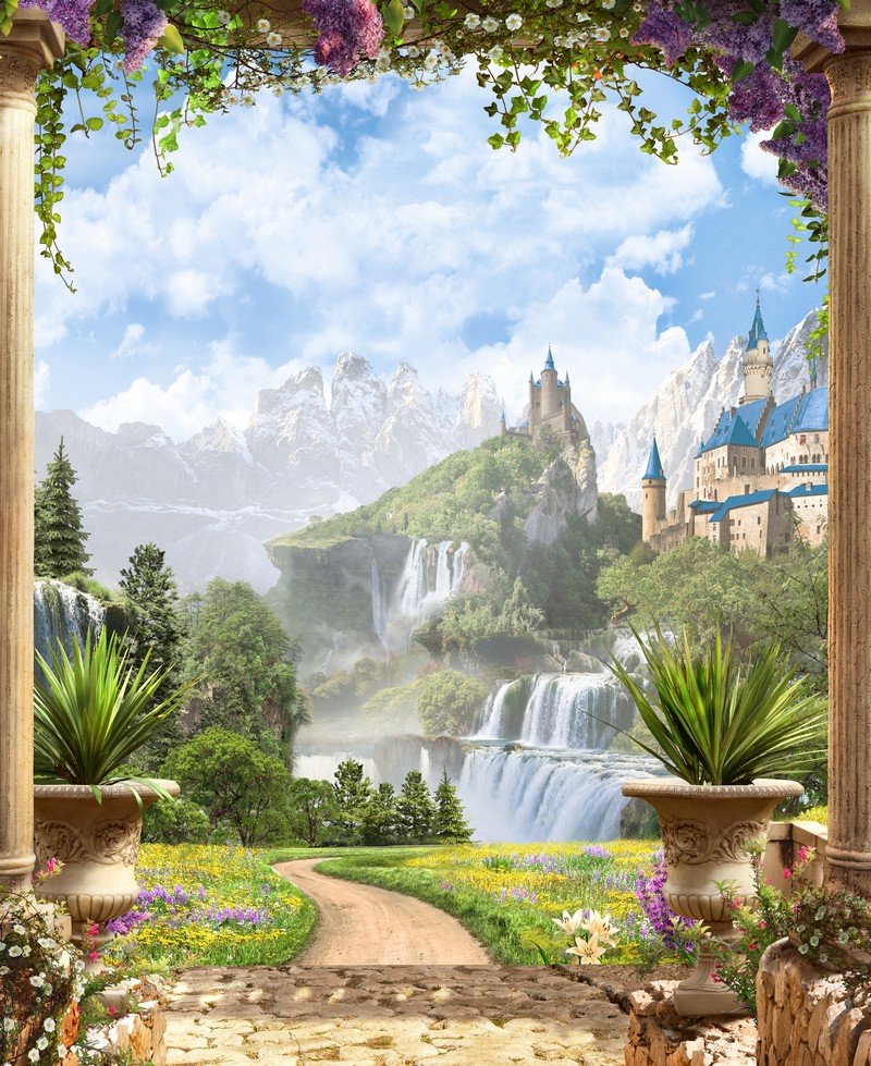 Замок у водопада - цветы, водопад, природа, замок, пейзаж, лето, горы - оригинал
