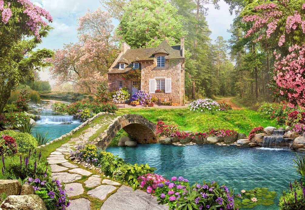 Домик - ручей, сад, домик, дом, пейзаж, цветы, мост, лето, природа - оригинал