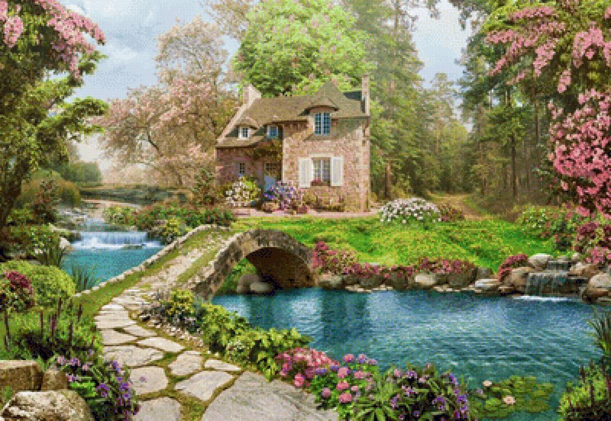 Домик - мост, лето, ручей, цветы, домик, сад, природа, дом, пейзаж - предпросмотр