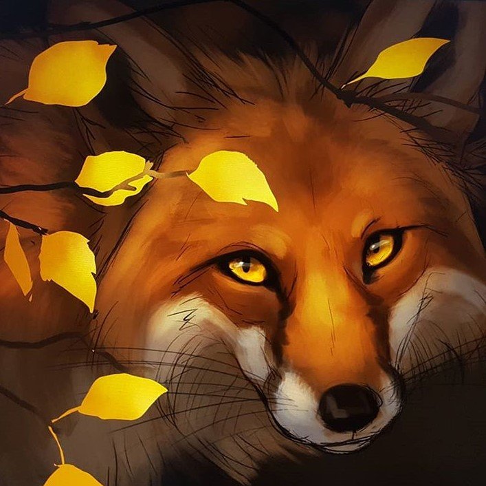 Лиса - рисунок, лисичка, листья, лиса, животные - оригинал