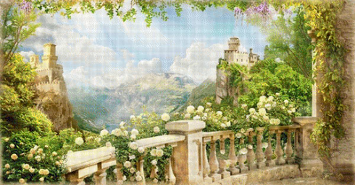 Пейзаж - лето, цветы, замок, горы, природа, терраса, пейзаж - предпросмотр