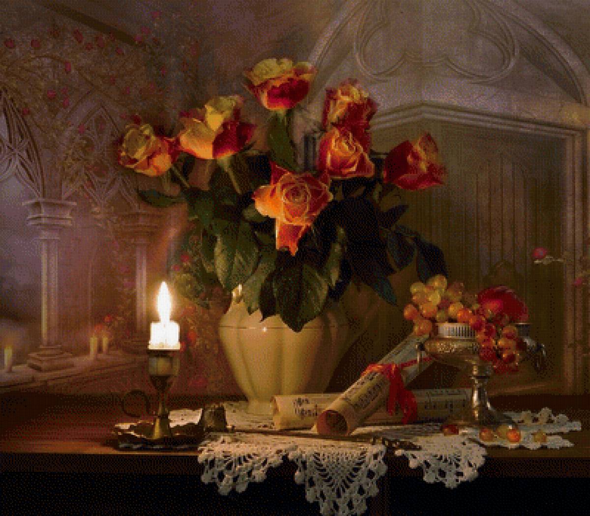 Натюрморт - розы, букет, натюрморт, цветы, свеча, ноты, виноград - предпросмотр