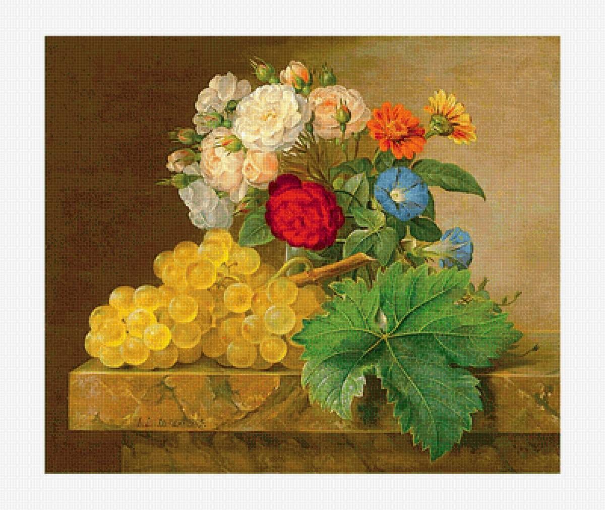Натюрморт - виноград, цветы - предпросмотр