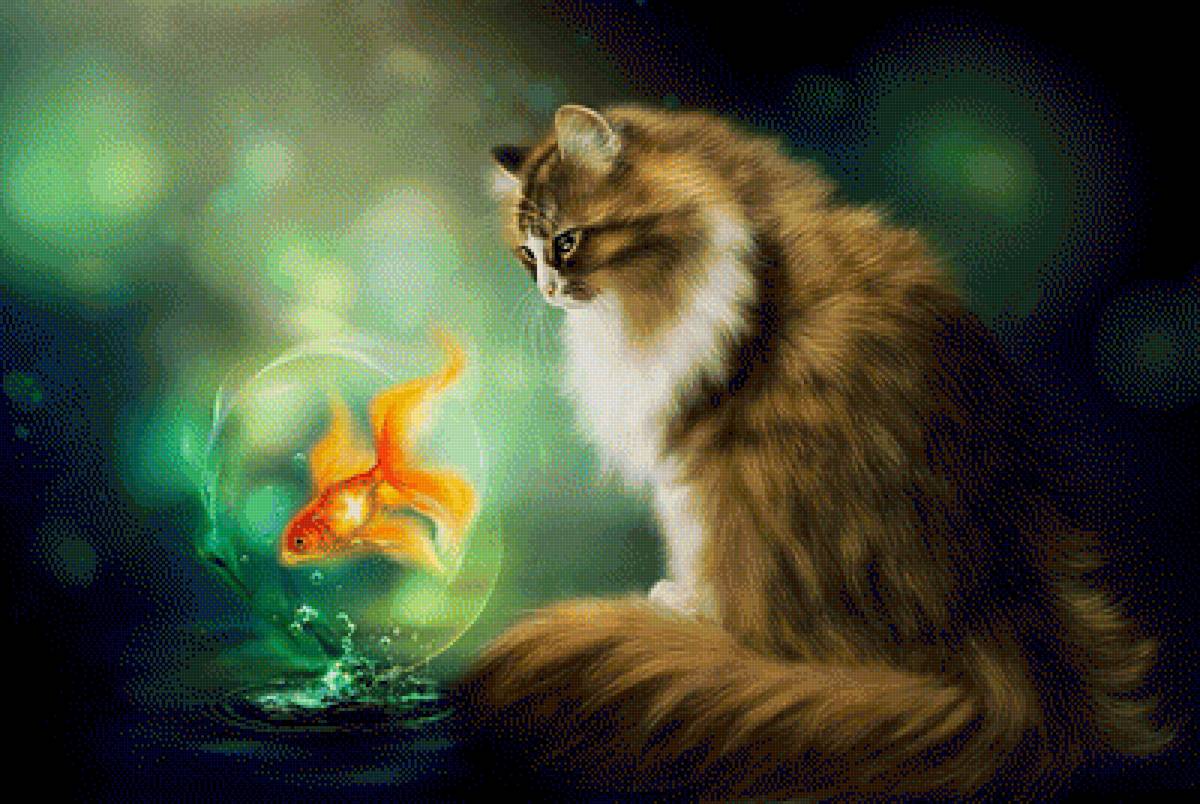Золотая рыбка - золотая рыбка, кот, рисунок, животные - предпросмотр