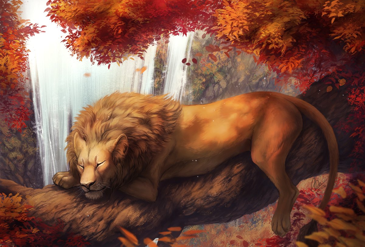 Лев у водопада - осень, животные, рисунок, природа, лев, водопад - оригинал