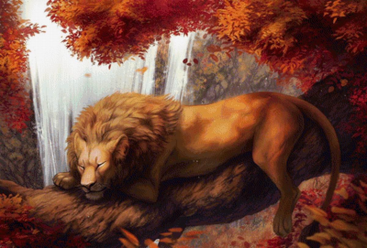 Лев у водопада - осень, водопад, животные, лев, природа, рисунок - предпросмотр