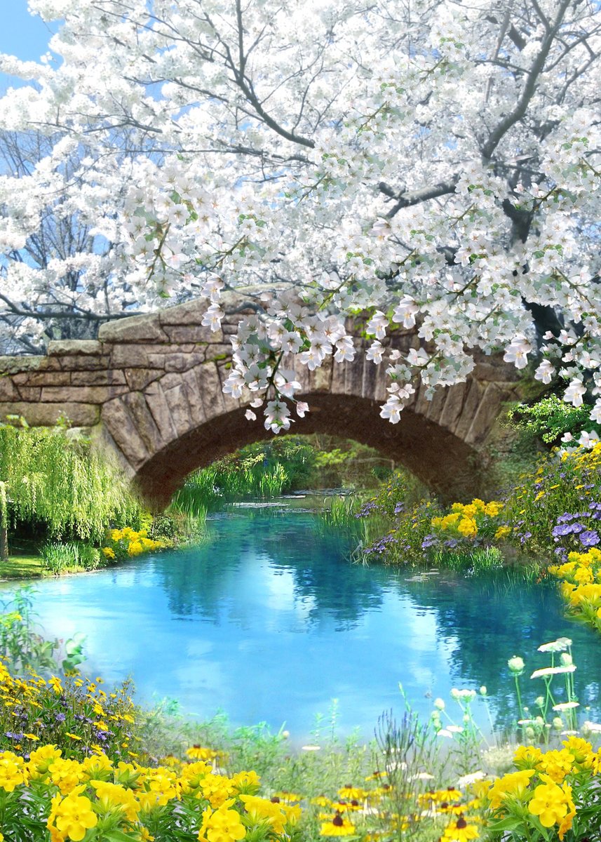 Пейзаж - весна, цвет, мостик, пейзаж, река, цветы - оригинал