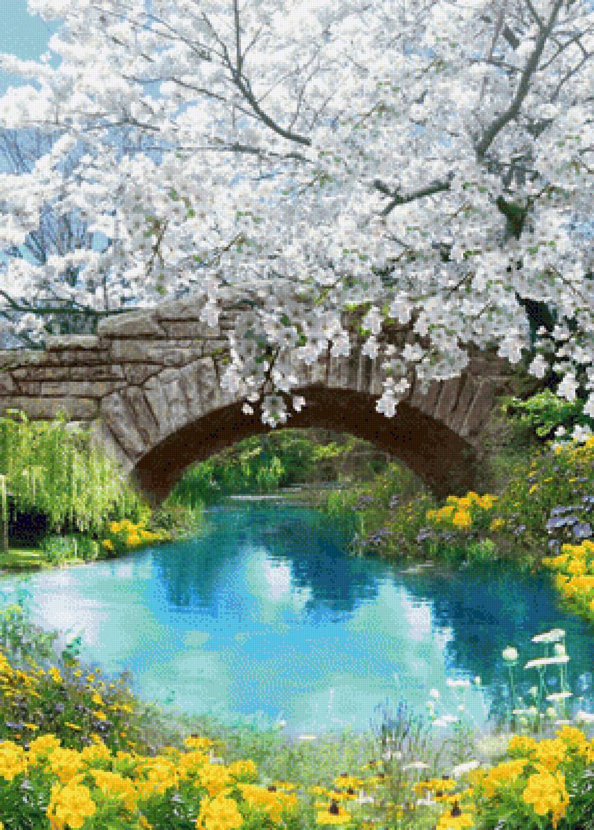 Пейзаж - пейзаж, цветы, река, цвет, мостик, весна - предпросмотр