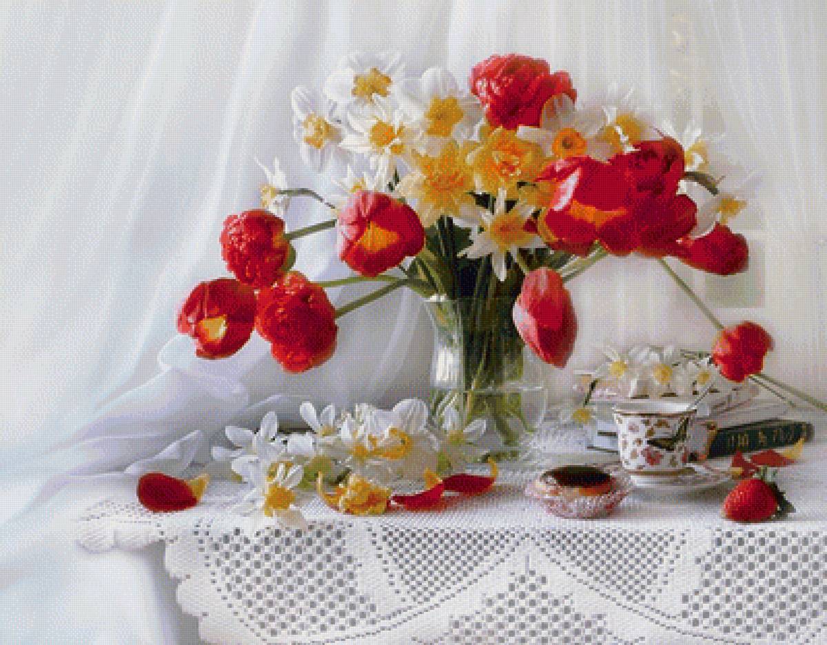 Натюрморт - бокал, тюльпаны, цветы, букет, книга, натюрморт, нарцисы - предпросмотр