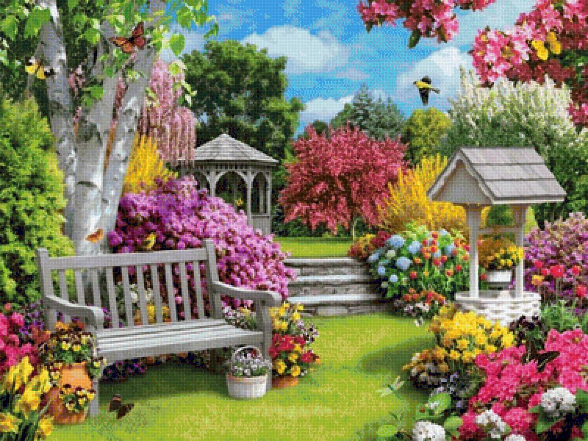 Цветущий сад - природа, сад, птички, скамейка, цветы, пейзаж, беседка, лето - предпросмотр