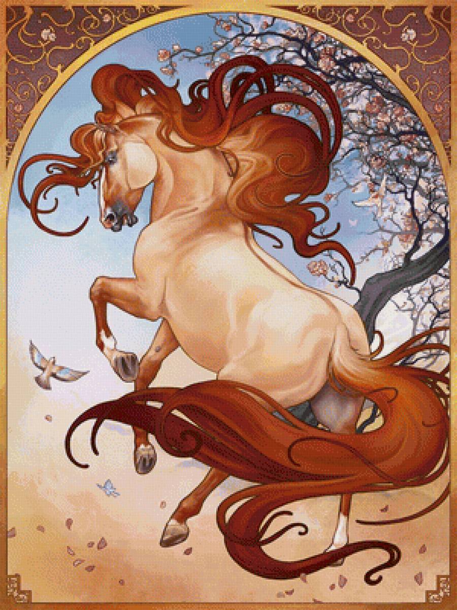 Лошадь - лошадь, животные, птички, рисунок - предпросмотр