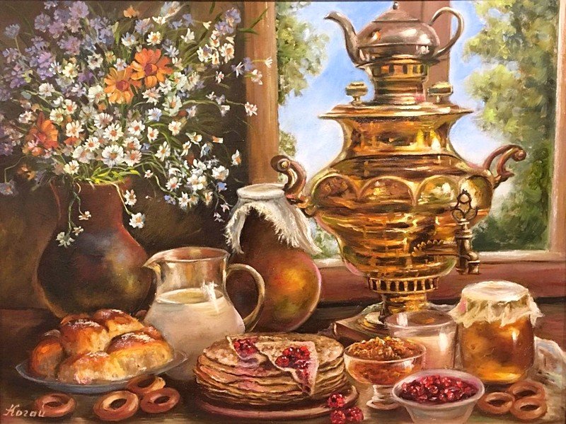 Деревенский завтрак - молоко, натюрморт, самовар, блины, букет - оригинал