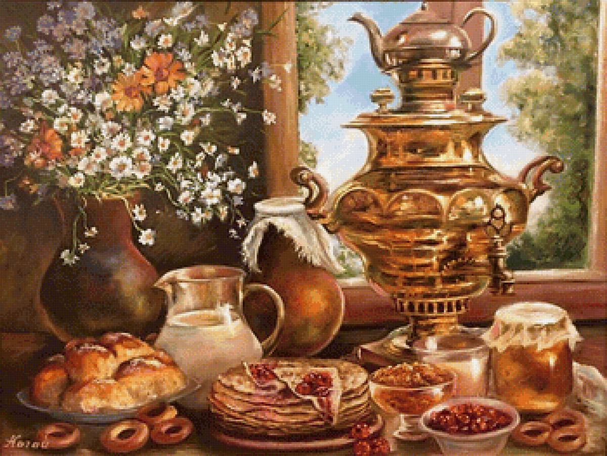 Деревенский завтрак 2 - букет, варенье, блины, самовар, молоко, натюрморт - предпросмотр