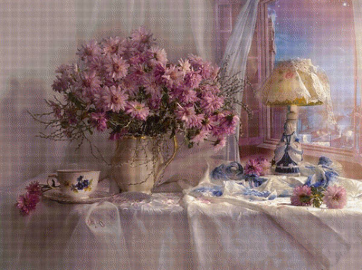 Натюрморт - натюрморт, окно, букет, лампа, цветы - предпросмотр