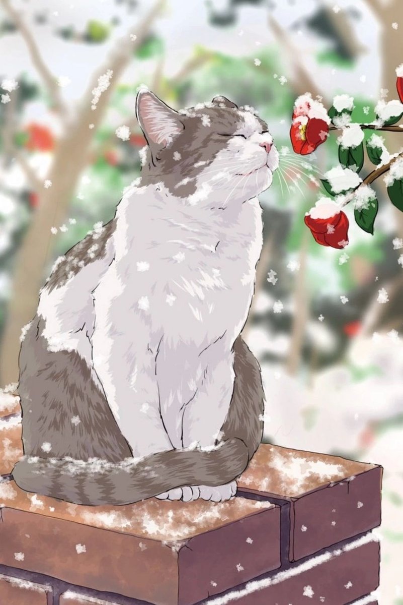 Котик в снегу - зима, животные, снег, кот, рисунок, котик - оригинал