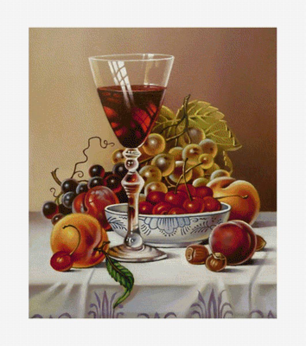Натюрморт - виноград, бокал, вино, черешня, персики - предпросмотр